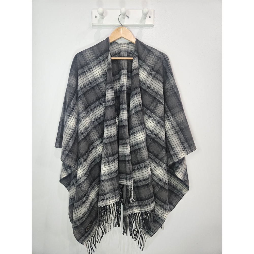 Pendleton Grey Plaid Wool Wrap Cape Fringed Poncho Shawl Made in USA